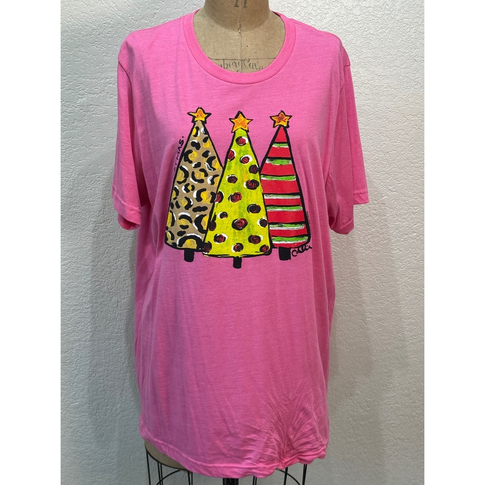Texas True Women XL Pink Christmas Tree Graphic Tee Leopard Print Short Sleeve